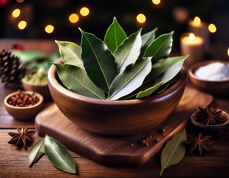 A wooden bowl filled with fresh Bay Laurel leaves, sitting on a rustic wooden table. Surrounding the bowl are star anise, peppercorns, and festive accents like pinecones and soft candlelight in the background, creating a cosy, holiday-themed atmosphere.