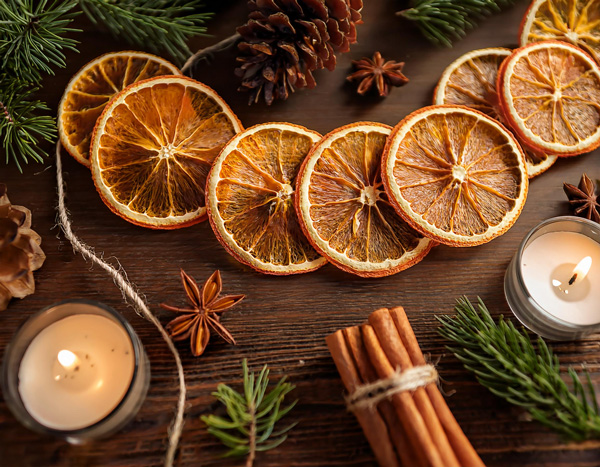 Dried slices of oranges. Cinnamon, star anise and spruce surround the oranges. 