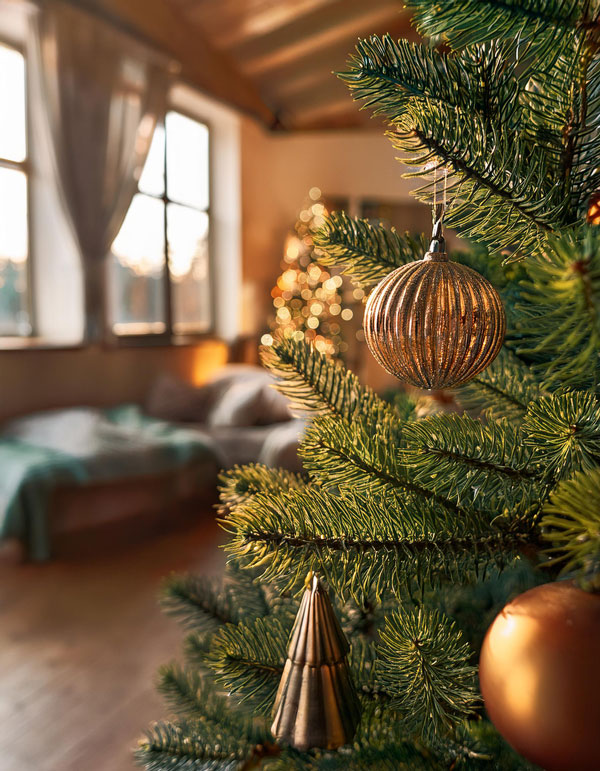 Christmas decorations hanging on a Norway Spruce Tree